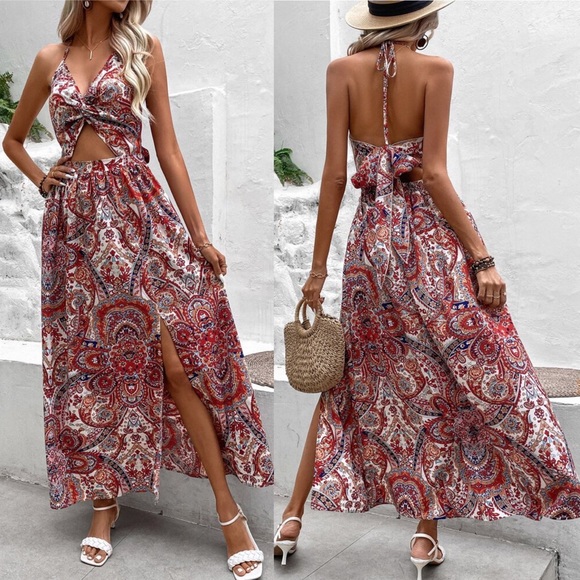 🌺 BOHO RED MULTI PAISLEY SLIT MAXI DRESS! - Picture 4 of 4